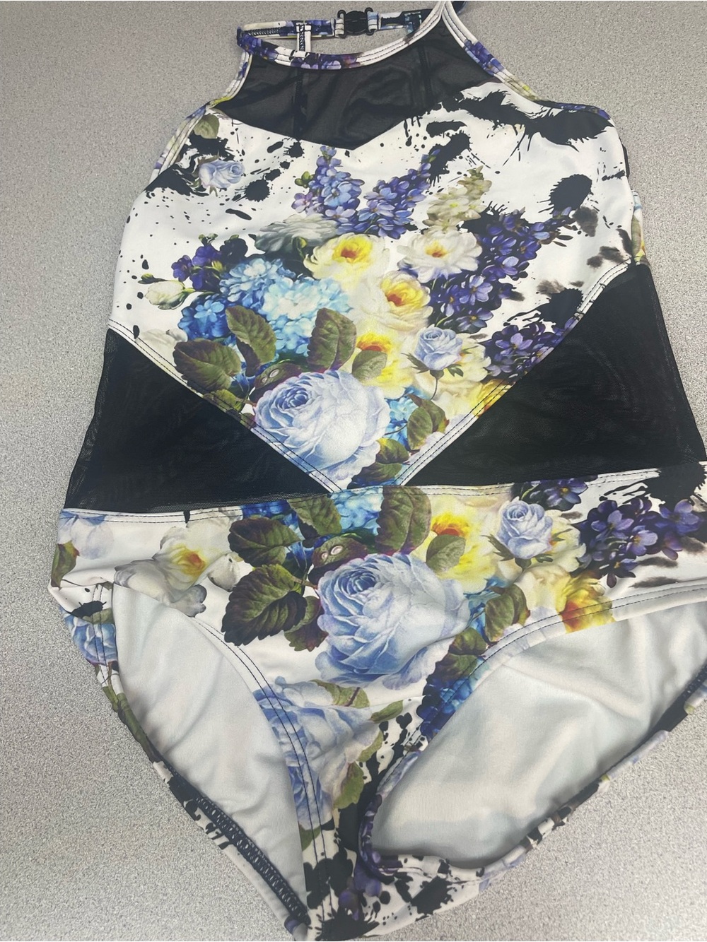 Floral Mesh Panel leotard - Black & White and floral print